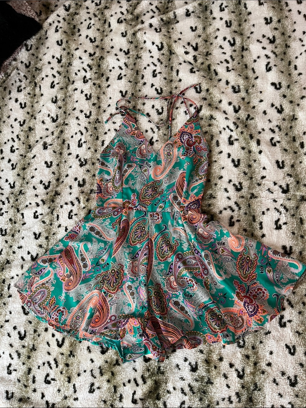 Lush Teal Paisley Halter Skater Romper